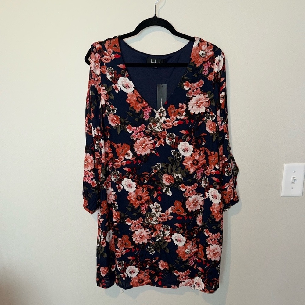 Lulus Shifting Dears Navy Floral Cold Shoulder Long Sleeve Dress Women Large NEW